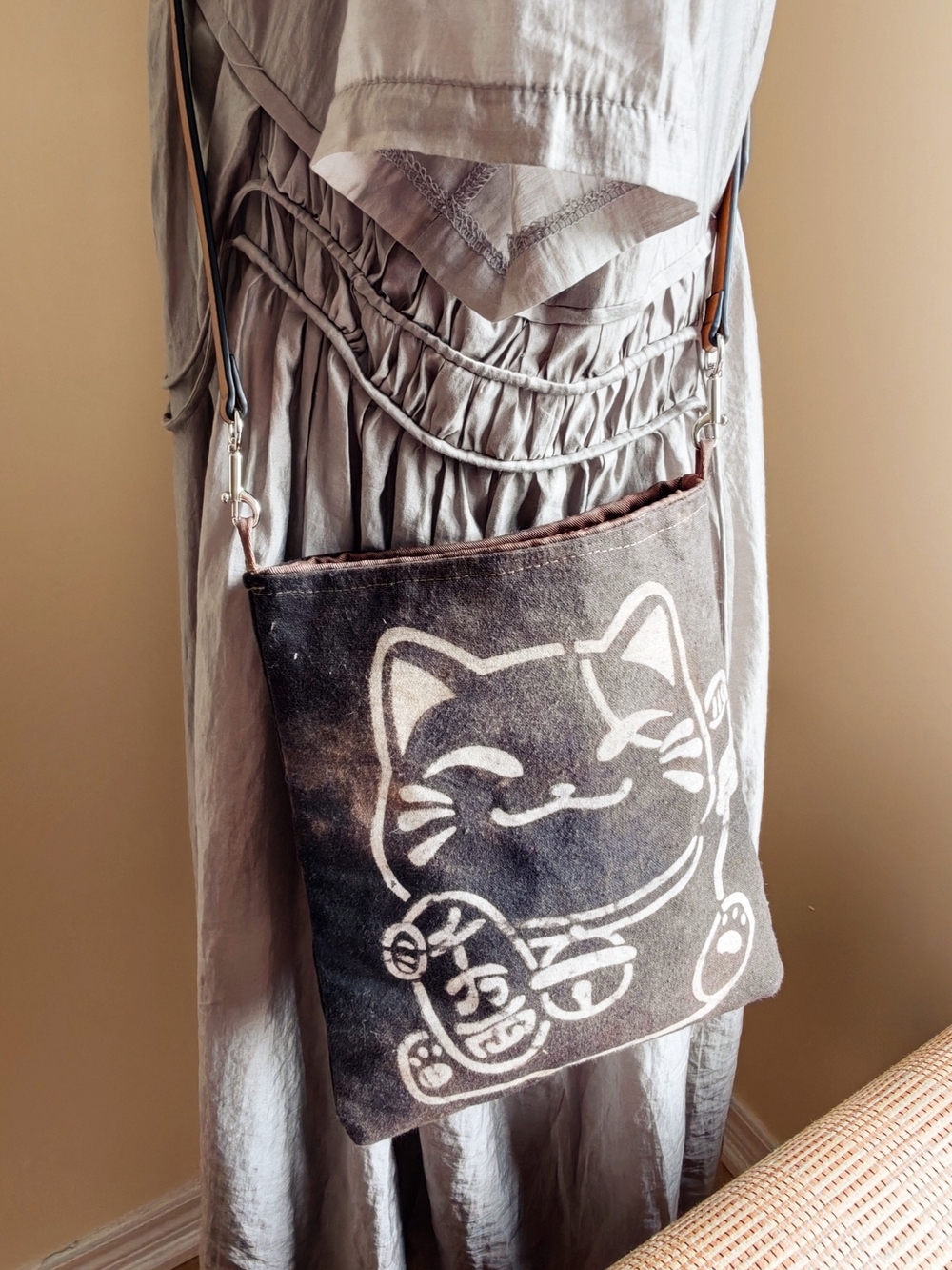 Canvas Lucky Cat Crossbody Bag in Dark Brown - Picture 3 of 9